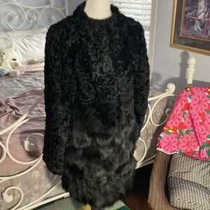 Black coat womens fur, Meteo, Lamb and Farm Fox outside, 100% silk lining